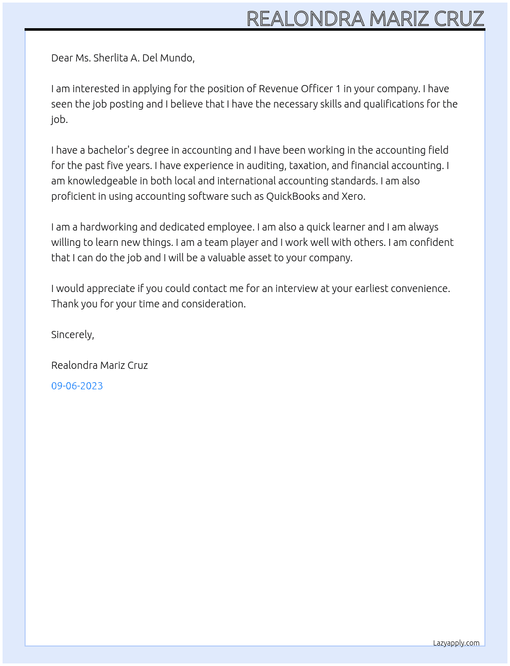 Revenue Officer 1 At Bureau of Internal Revenue Cover Letter