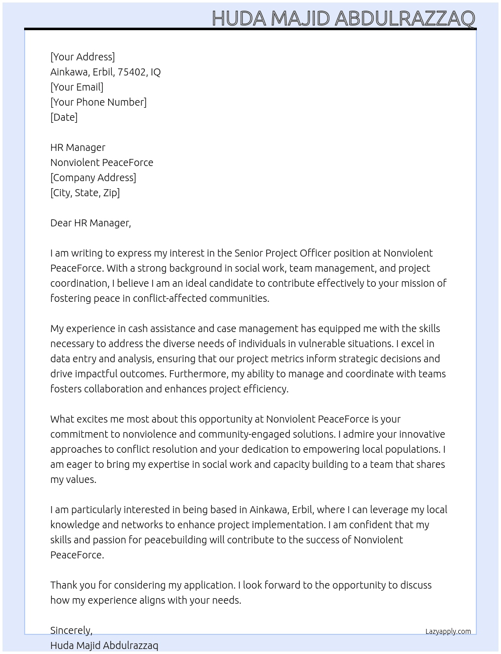 Senior Project Officer At Nonviolent PeaceForce Cover Letter