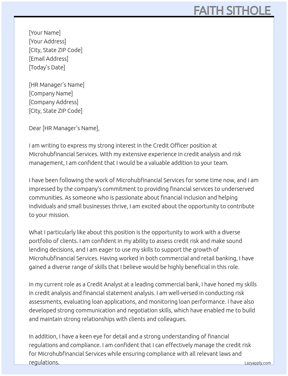 Credit officer At Microhubfinancial services  Cover Letter