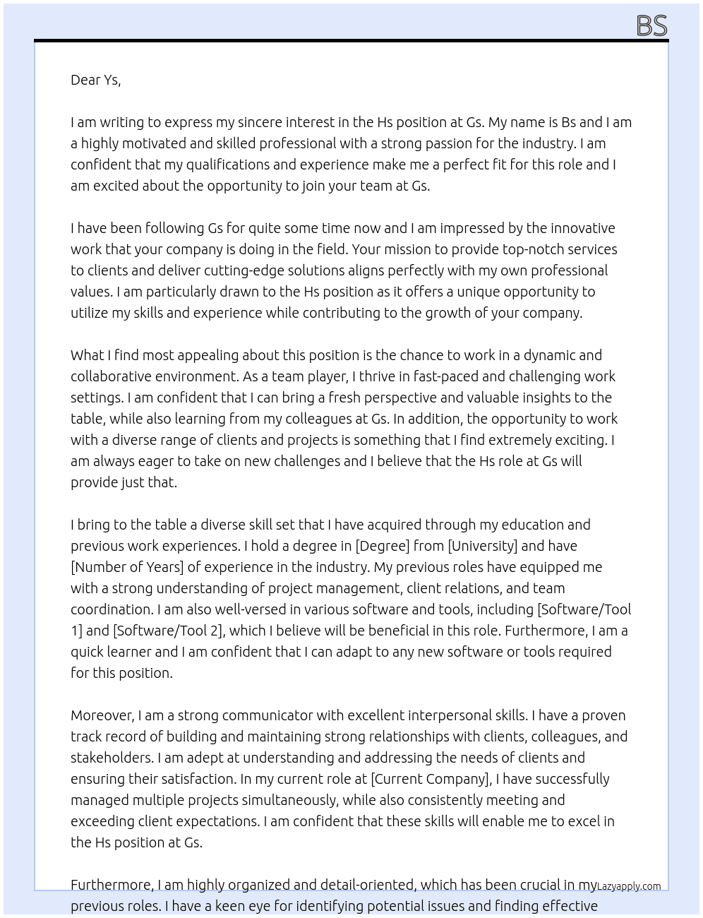 Cover letter for hs - LazyApply