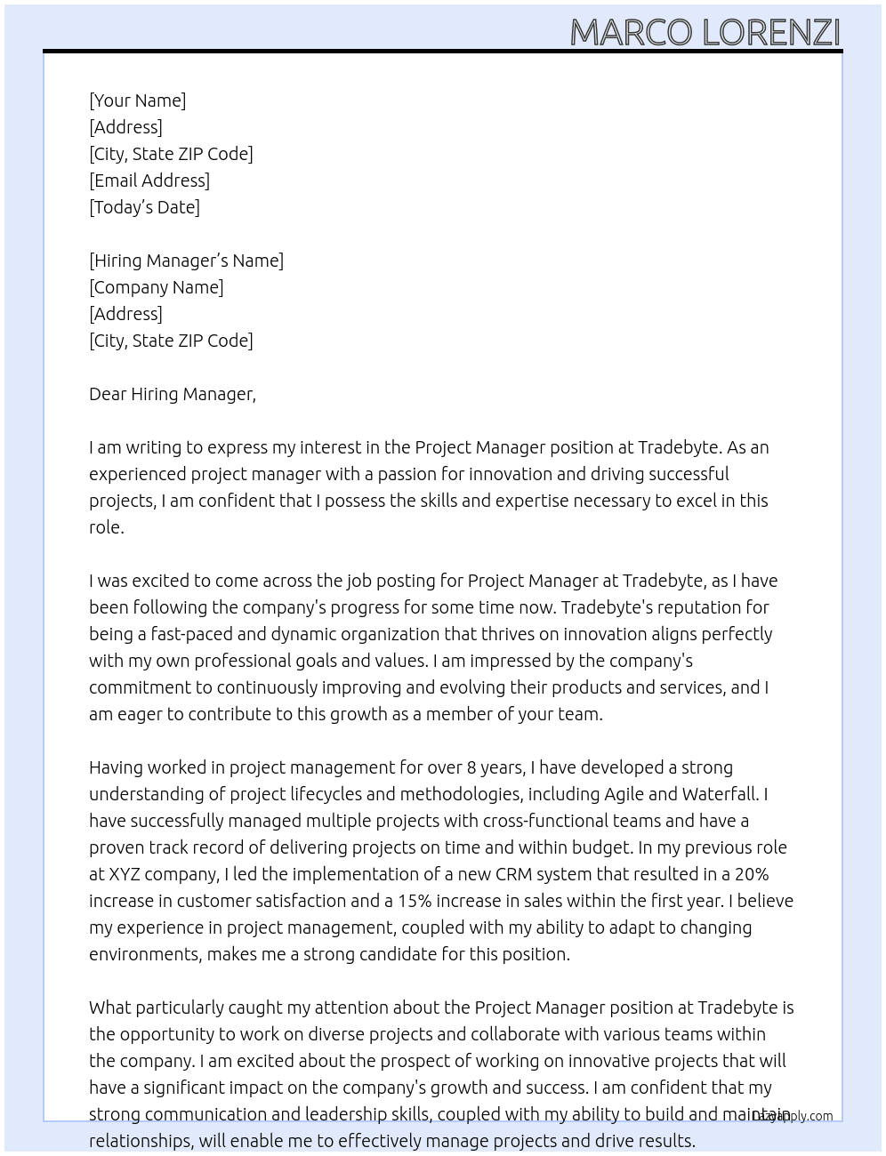Project Manager At Tradebyte Cover Letter