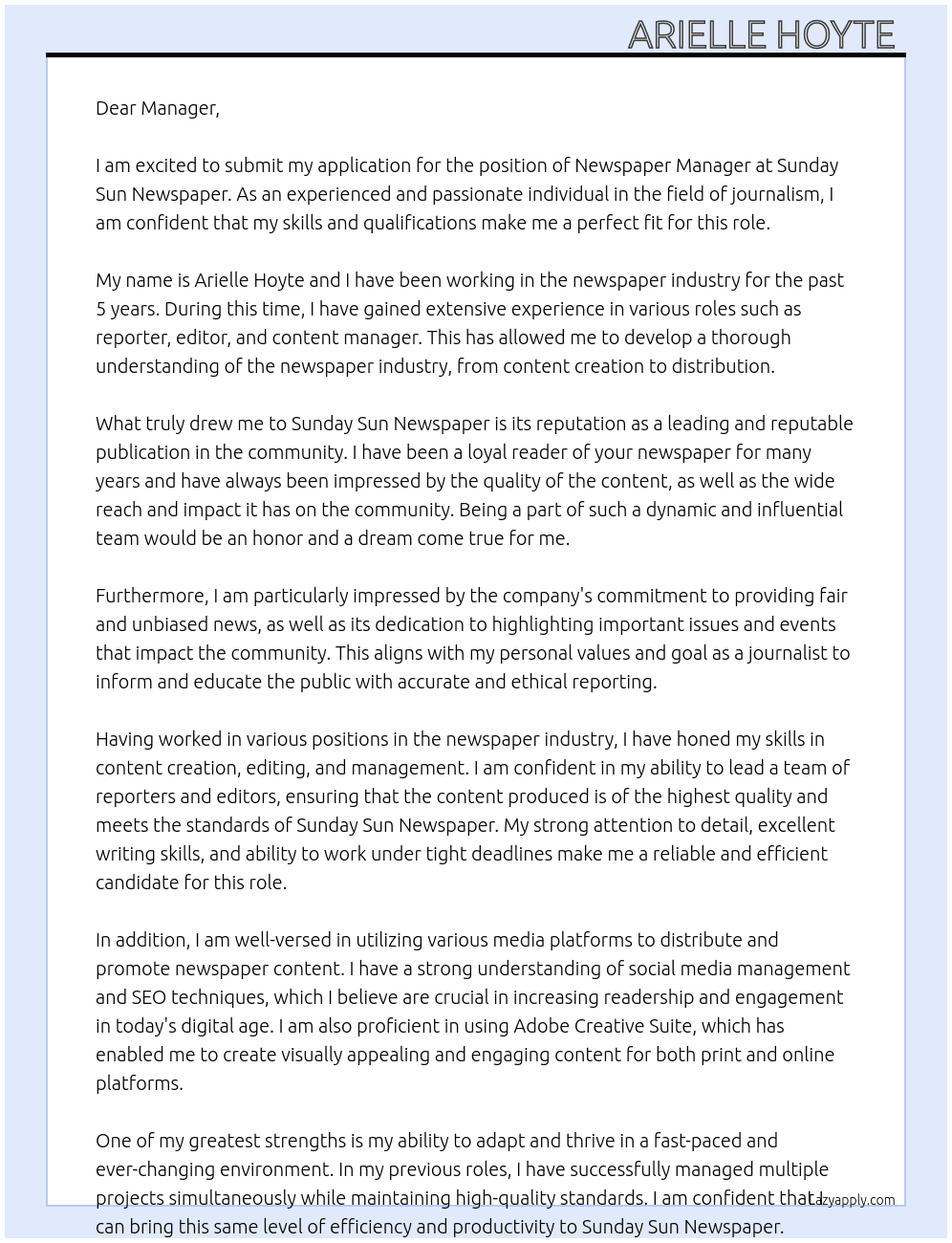 Newspaper At Sunday sun newspaper Cover Letter