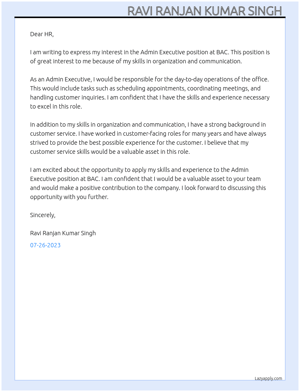 Admin Executive At BAC Cover Letter