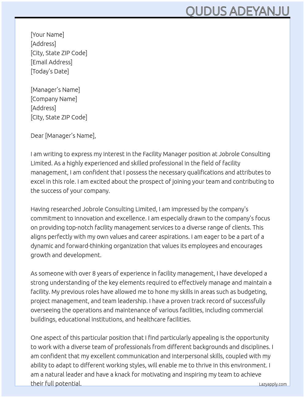 Facility Manager At jobrole consulting limited Cover Letter