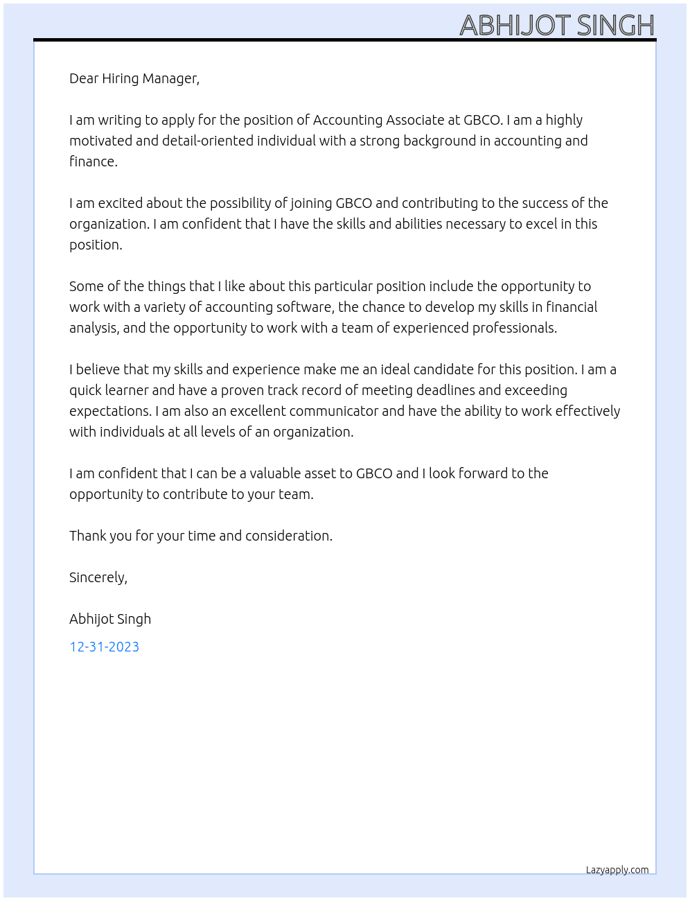 Accounting Associate At GBCO Cover Letter