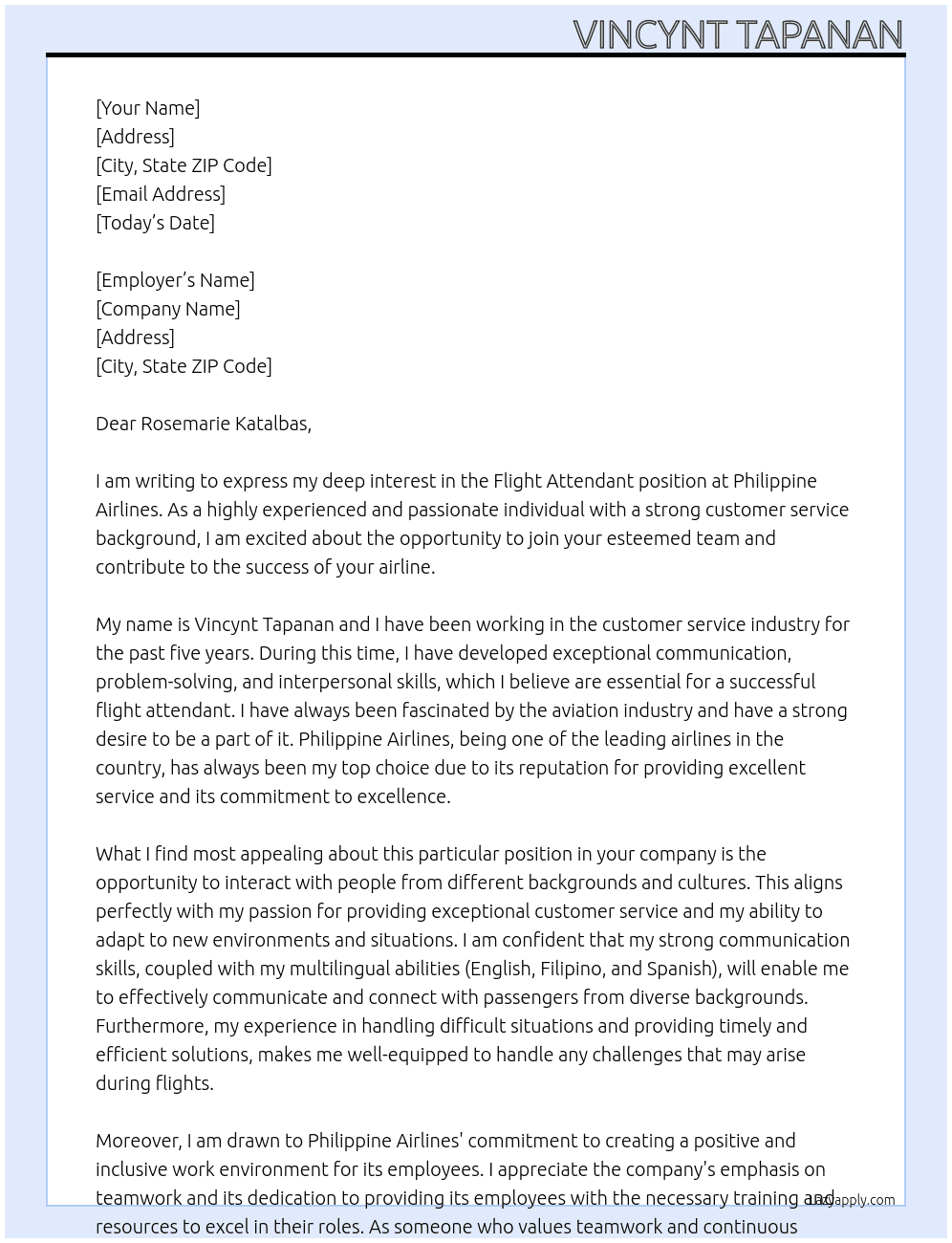 flight attendant At Philippine Airline Cover Letter