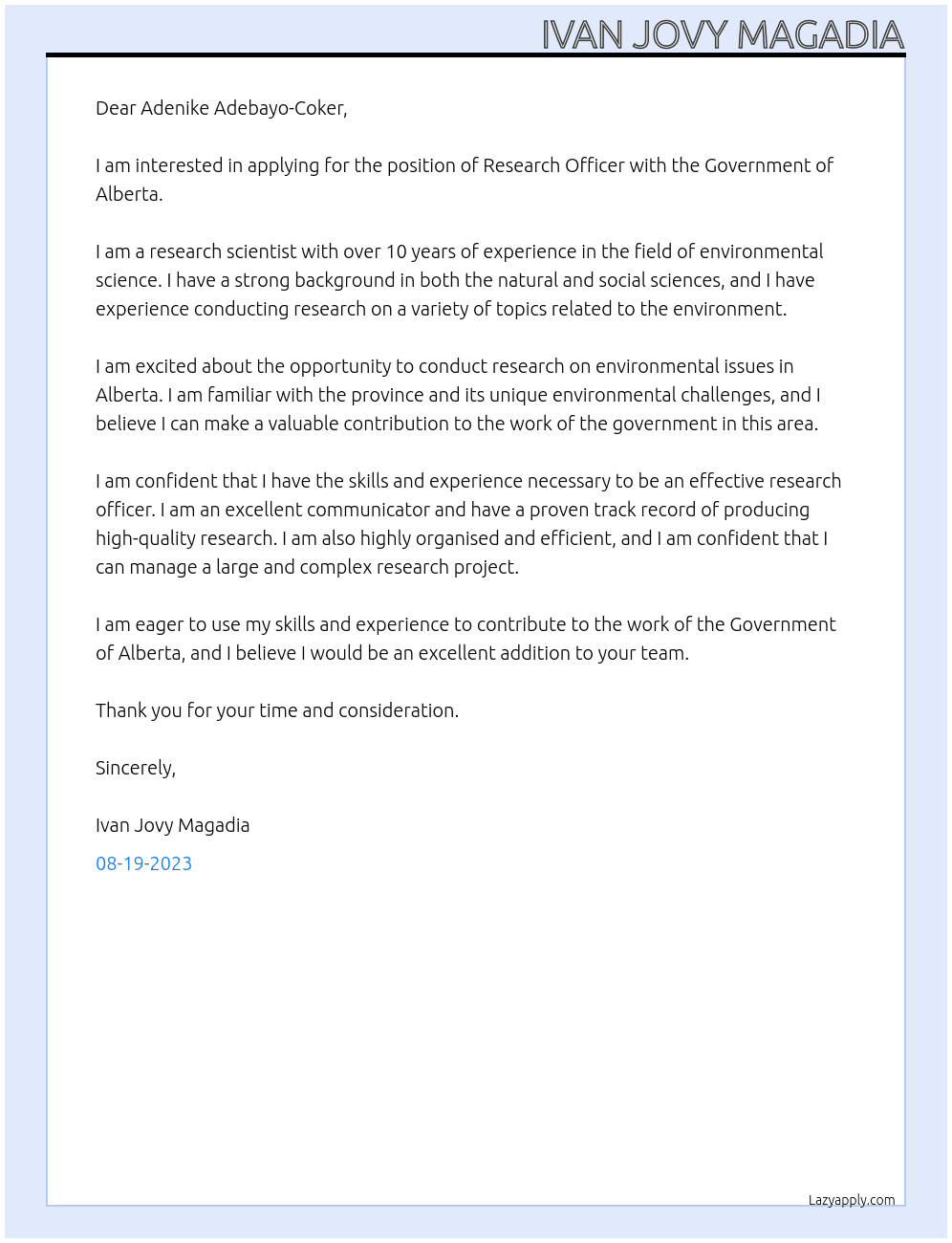 Research Officer  At Government of Alberta Cover Letter