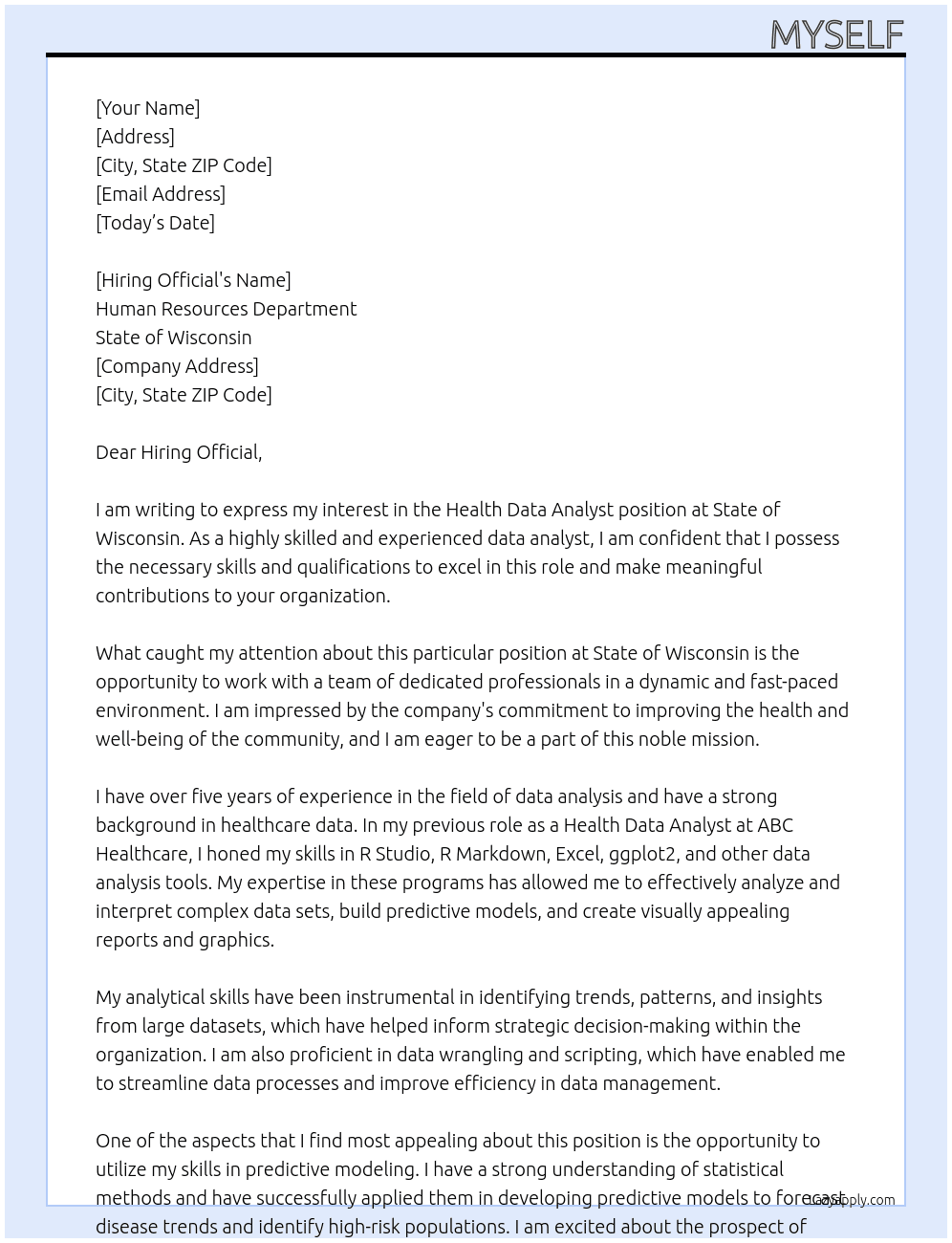Health Data Analyst At State of Wisconsin Cover Letter