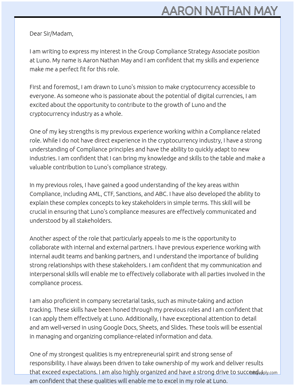 Group Compliance Strategy Associate  At Luno Cover Letter