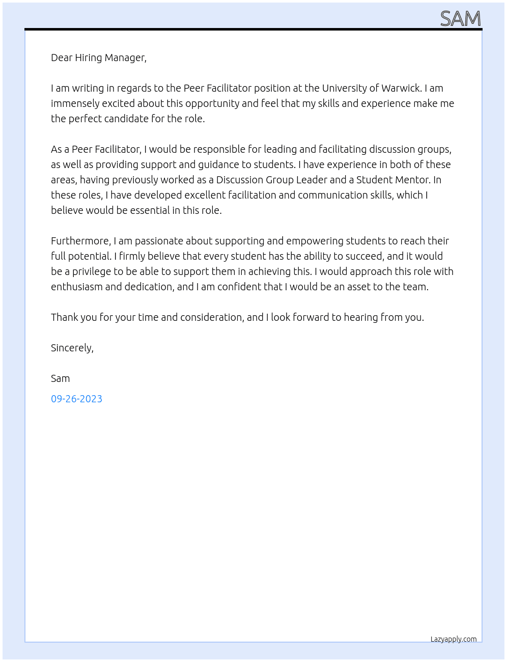 Peer Facilitator At University of Warwick Cover Letter