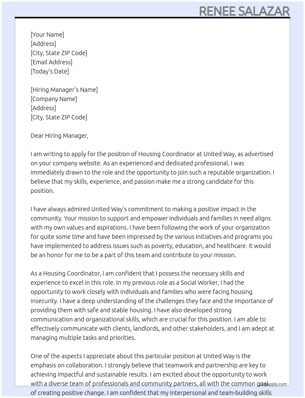 Housing coordinator  At United Way  Cover Letter