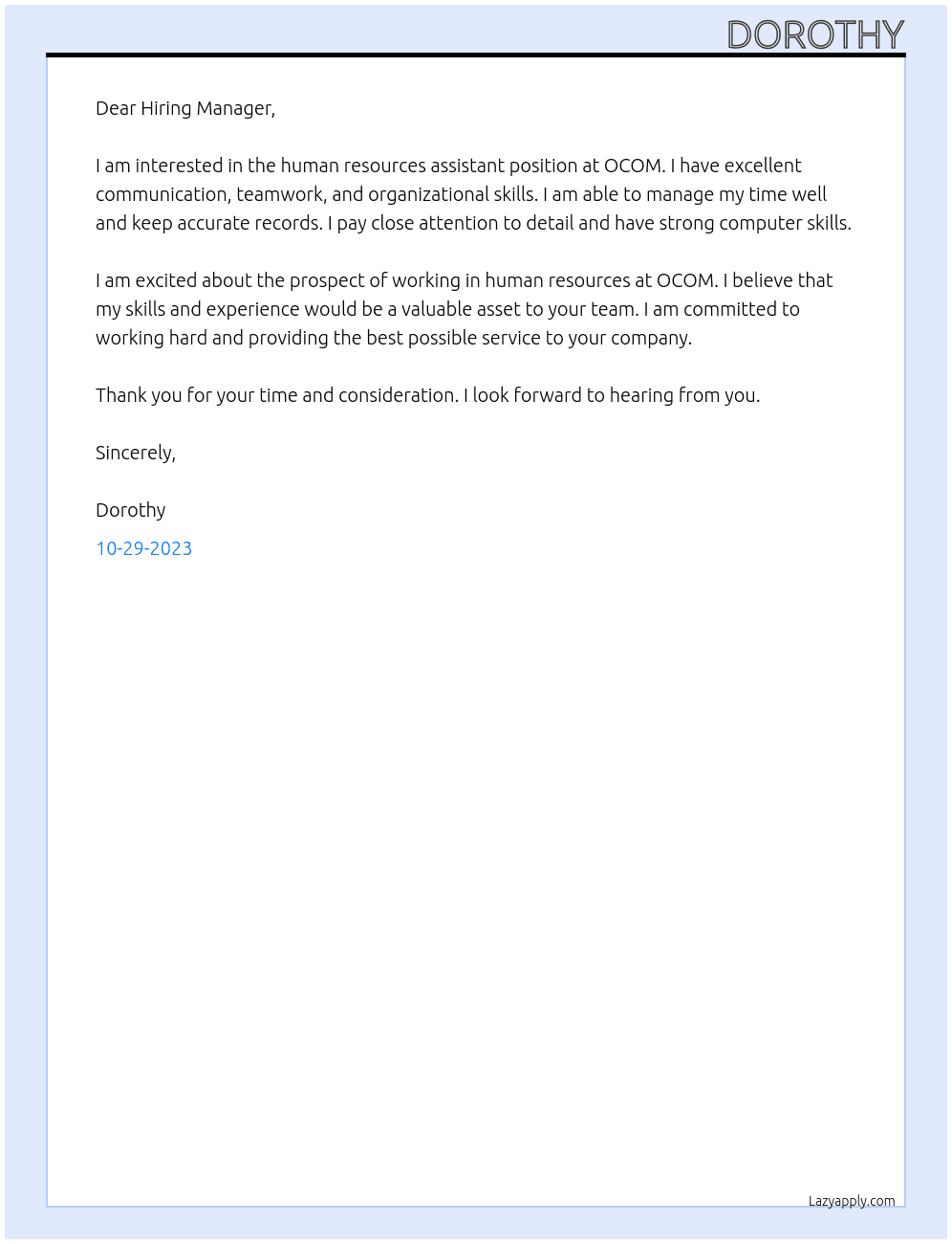 Human Resources Assistant At OCOM Cover Letter