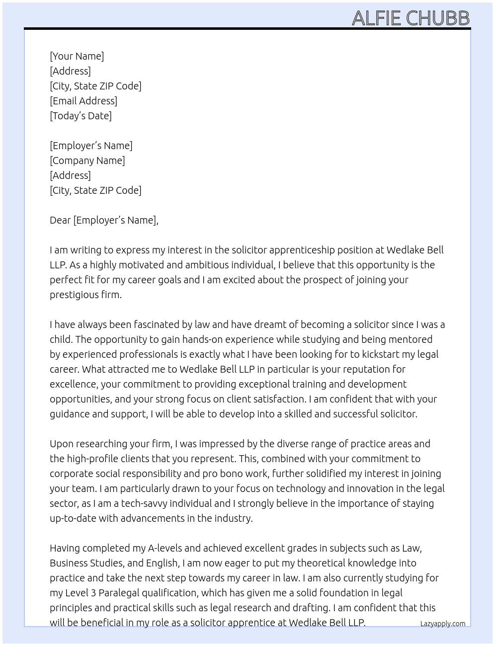solicitor apprenticeship At Wedlake Bell LLP Cover Letter