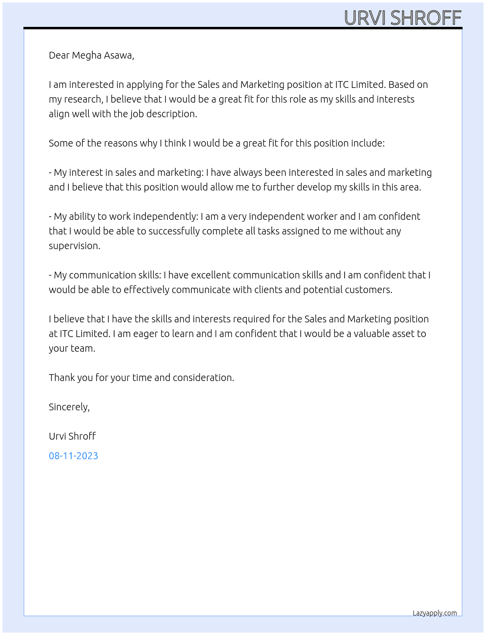 Sales and Marketing At ITC Limited Cover Letter
