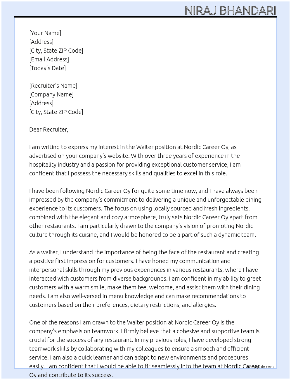 Waiter At Nordic Career Oy Cover Letter