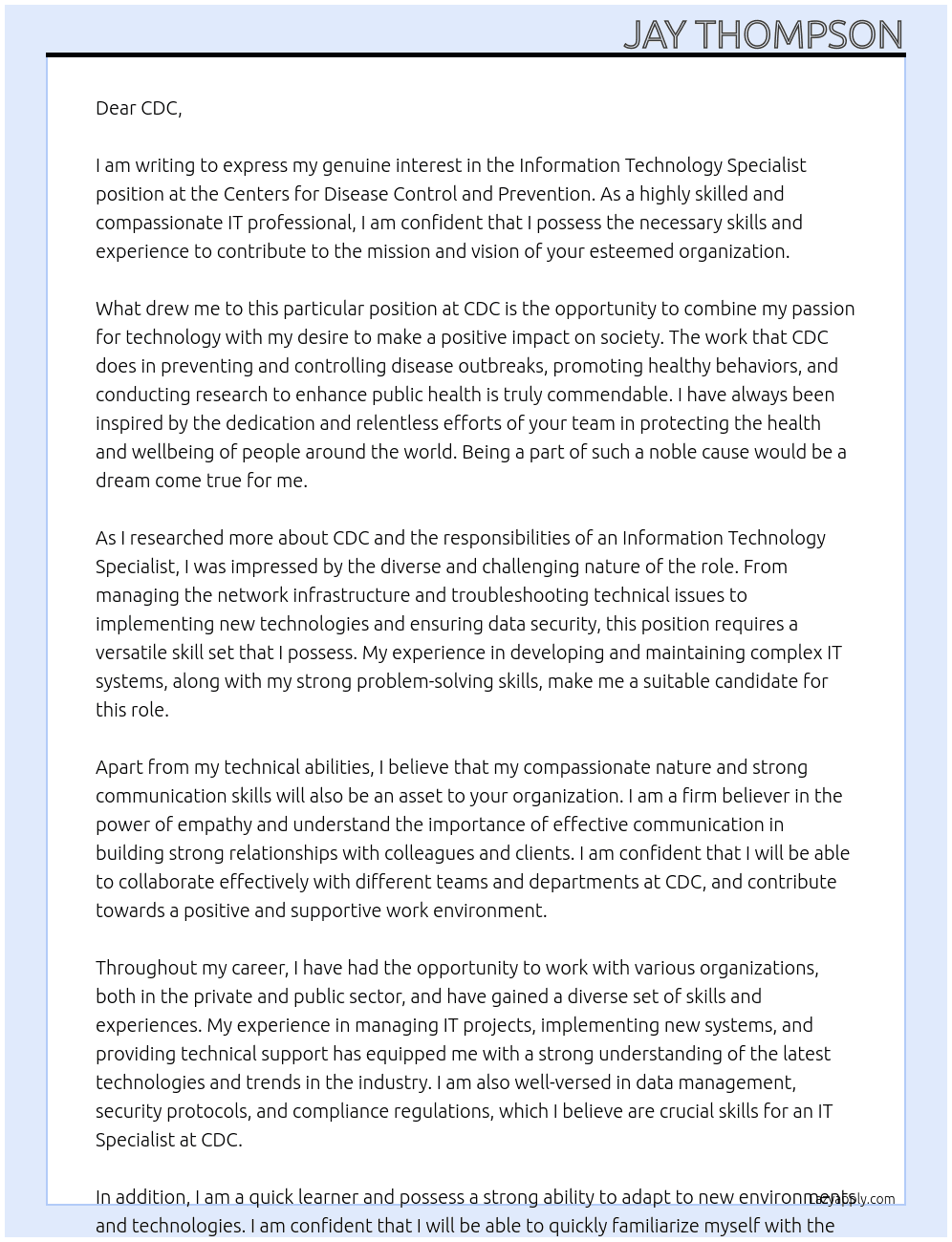 Information Technology Specialist At Centers for Disease Control and Prevention Cover Letter