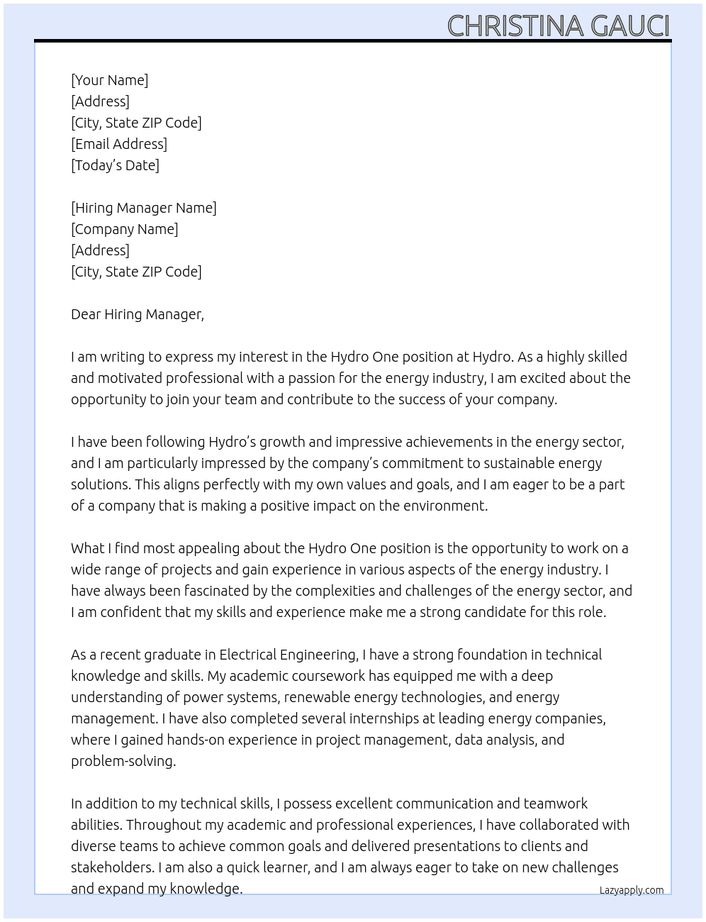 Hydro one At Hydro Cover Letter