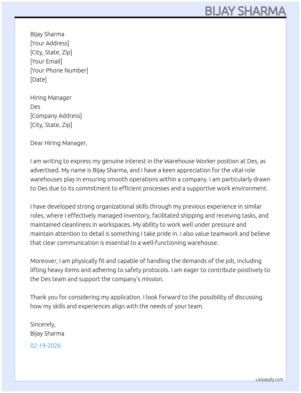 Warehouse worker  At Des Cover Letter