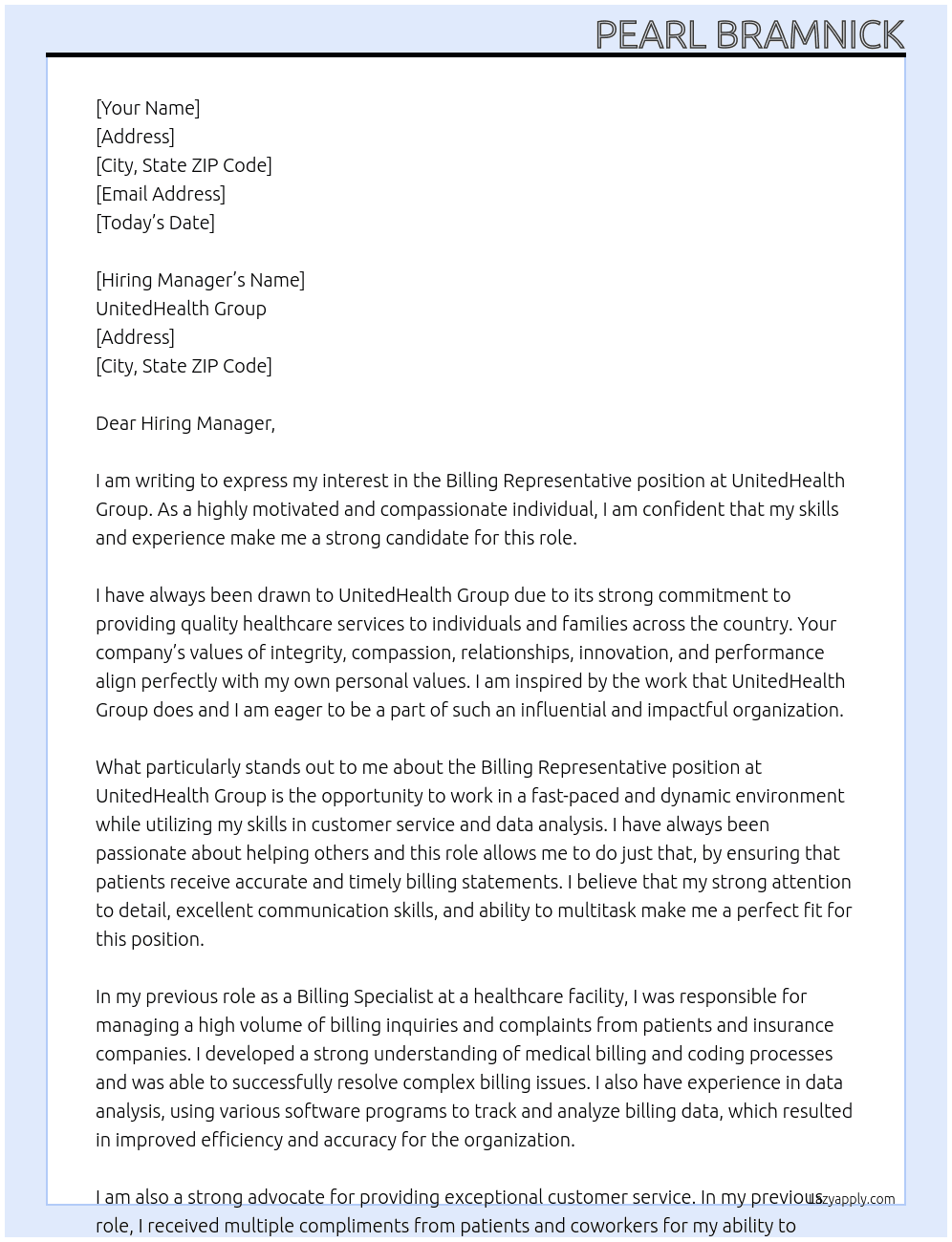 Billing Representative At UnitedHealth Group Cover Letter