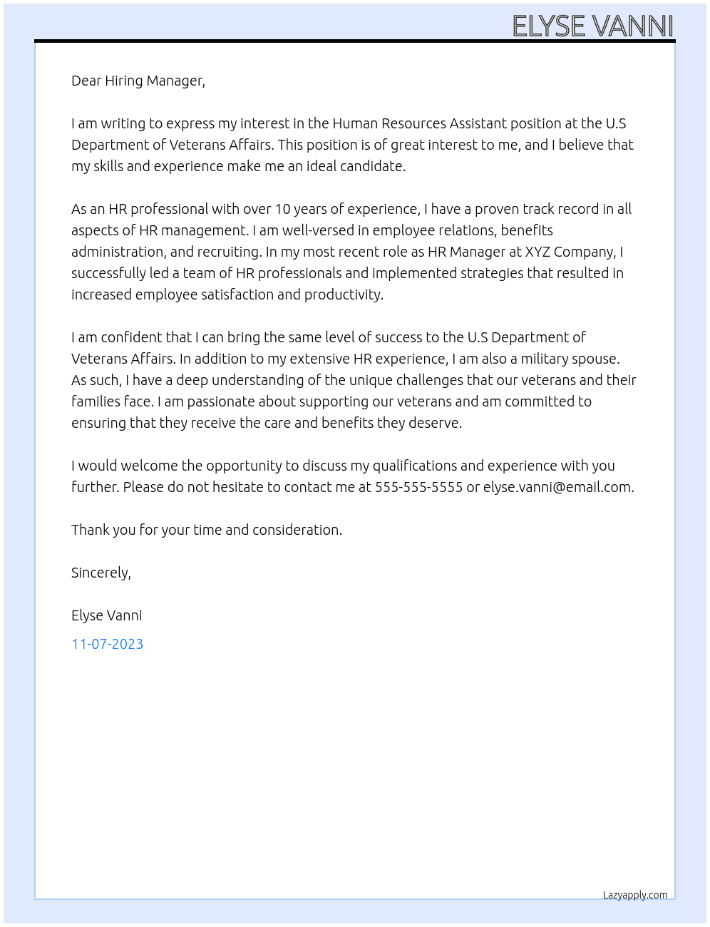Human Resources Assistant At U.S Department of Veterans Affairs Cover Letter