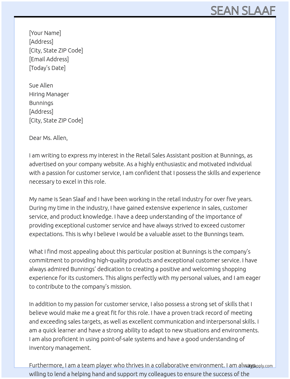 retail sales assistant At bunnings Cover Letter
