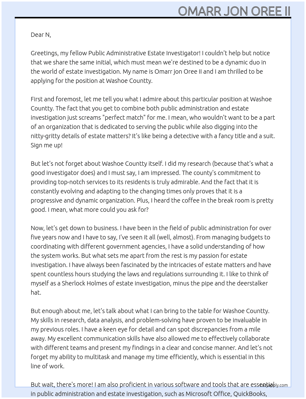 Public Administrative Estate Investigator At Washoe Countty Cover Letter