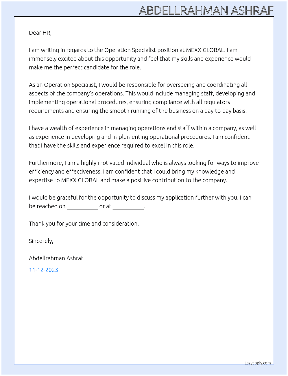 Operation Specialist At MEXX GLOBAL Cover Letter