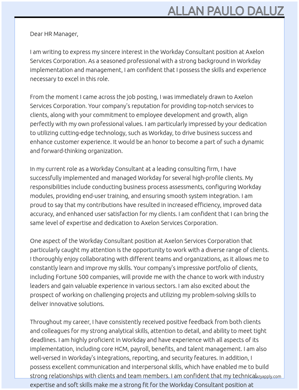 Workday Consultant At Axelon Services Corporation Cover Letter