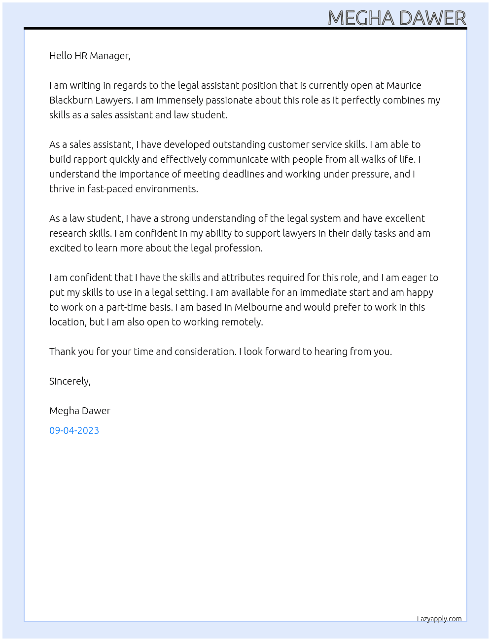 legal assistant At Maurice Blackburn Lawuers Cover Letter
