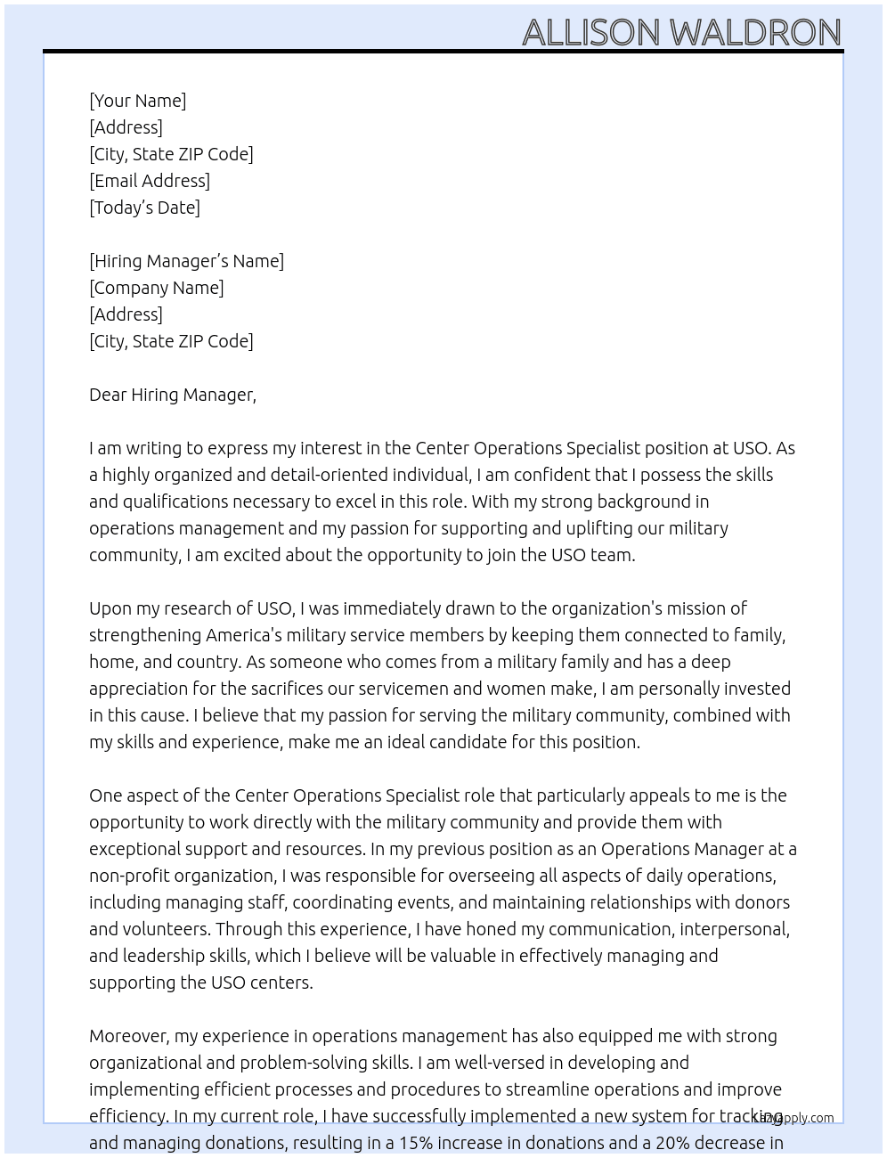 Center Operations Specialist At USO Cover Letter