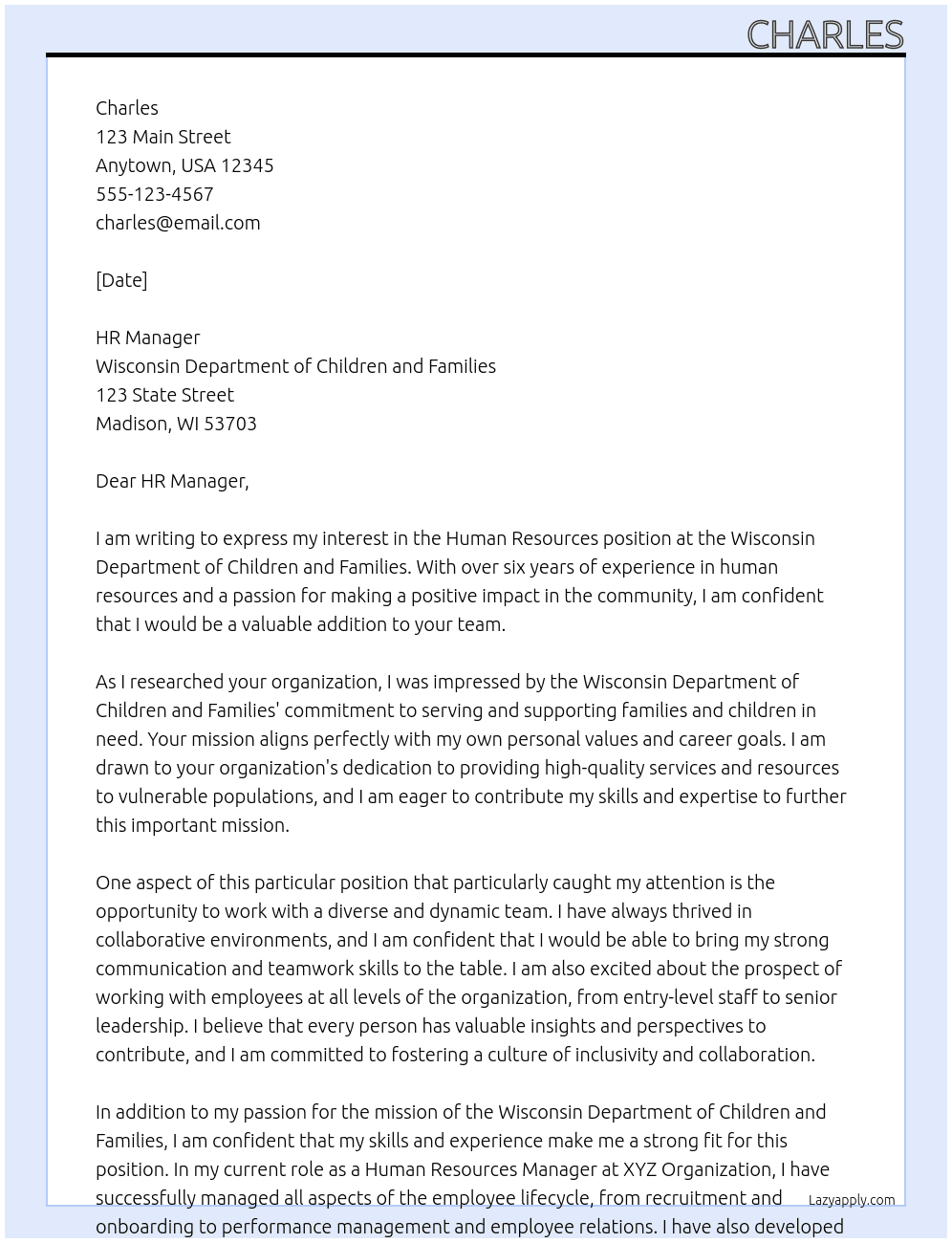 Human Resources At Wisconsin Department of Children and Families Cover Letter