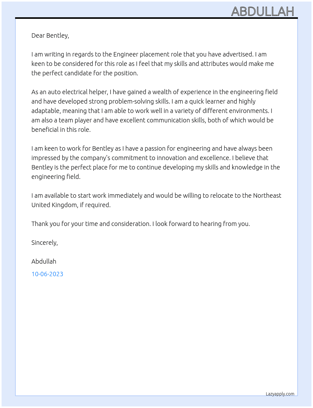 Engineer At Bentley  Cover Letter