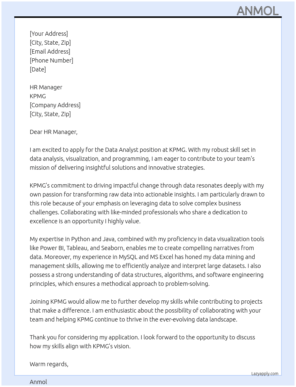 data analyst At KPMG Cover Letter