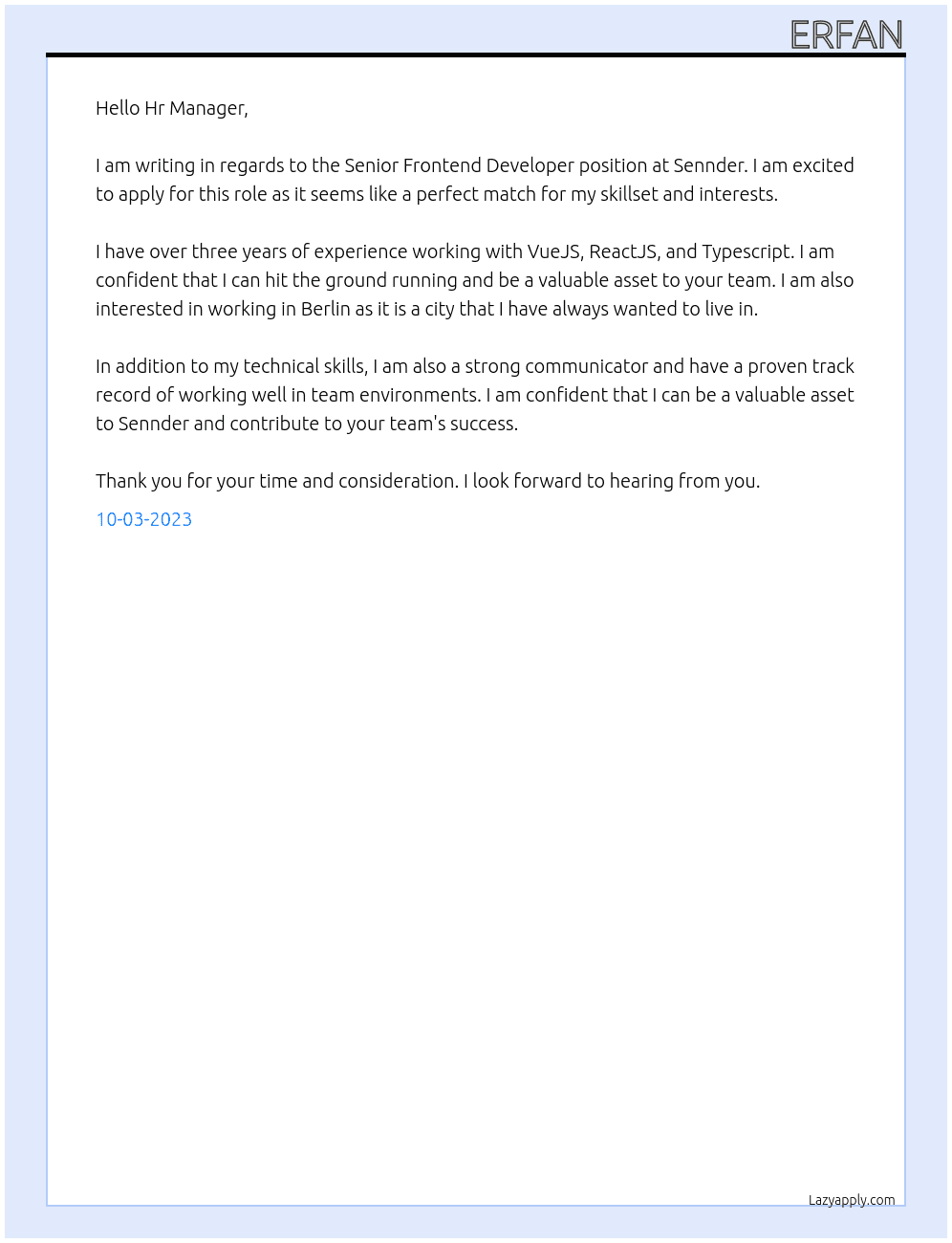 Senior Frontend Developer  At Sennder Cover Letter