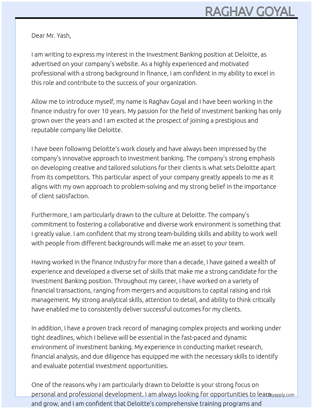 Investment banking  At Deloitte  Cover Letter