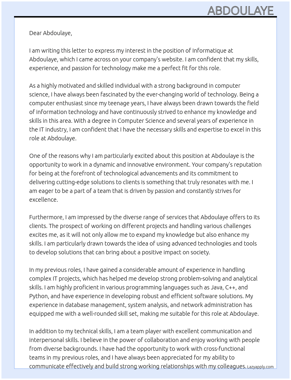 Informatique  At Abdoulaye  Cover Letter