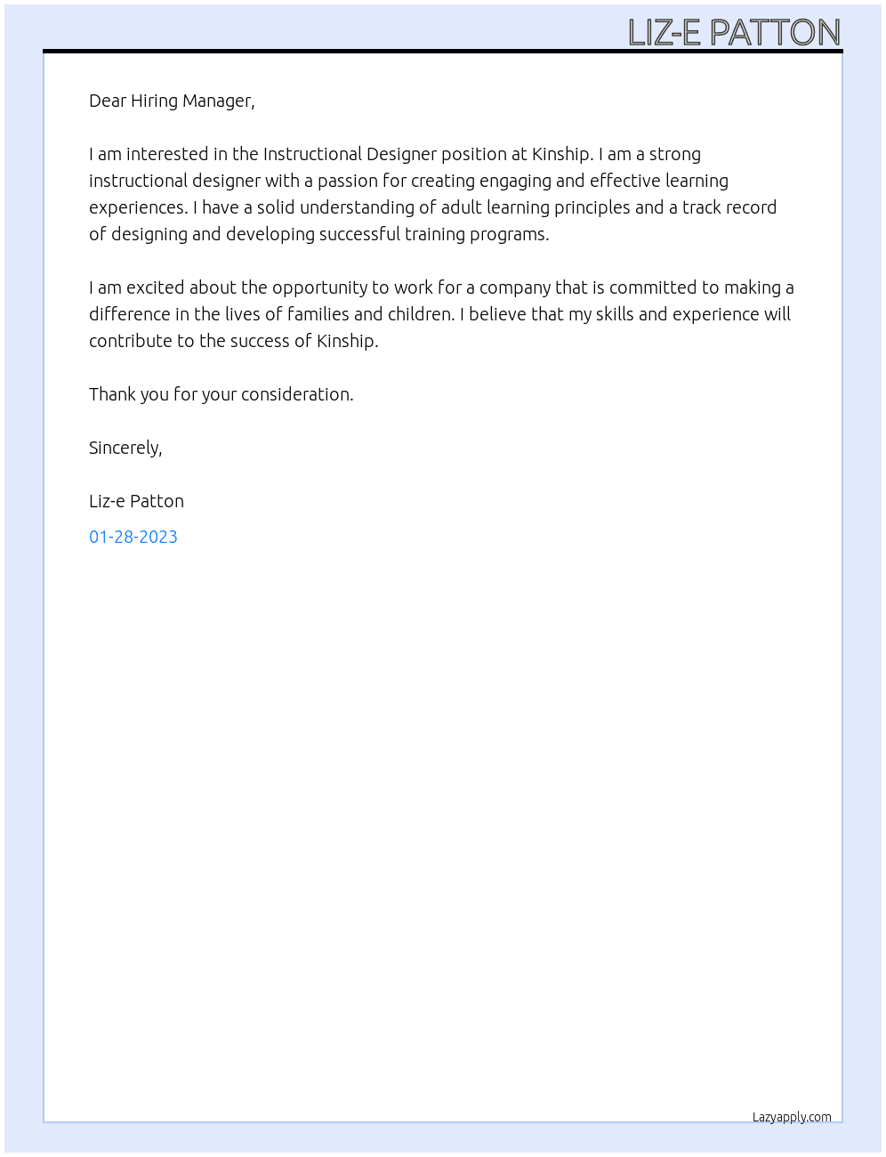 Instructional Designer At Kinship Cover Letter