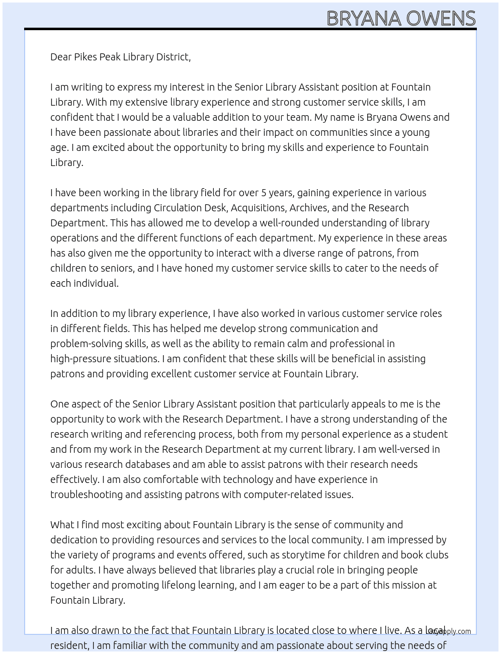 Senior Library Assistant  At Fountain Library Cover Letter