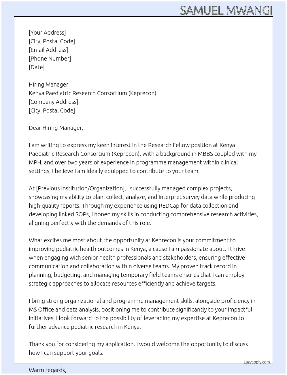 Cover letter for research fellow - LazyApply