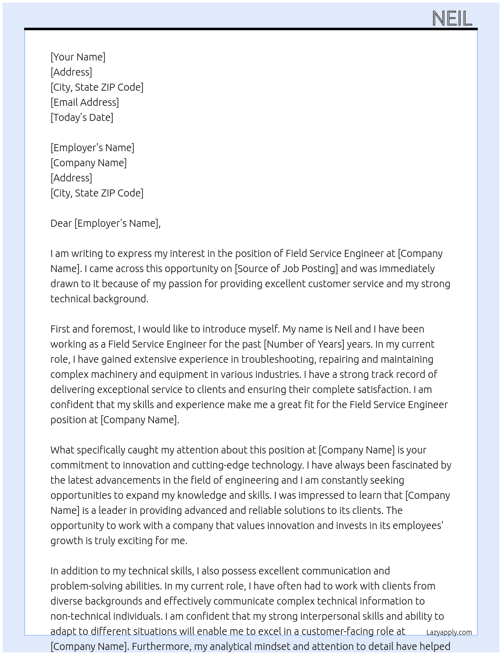 Field Service Engineer At rt Cover Letter