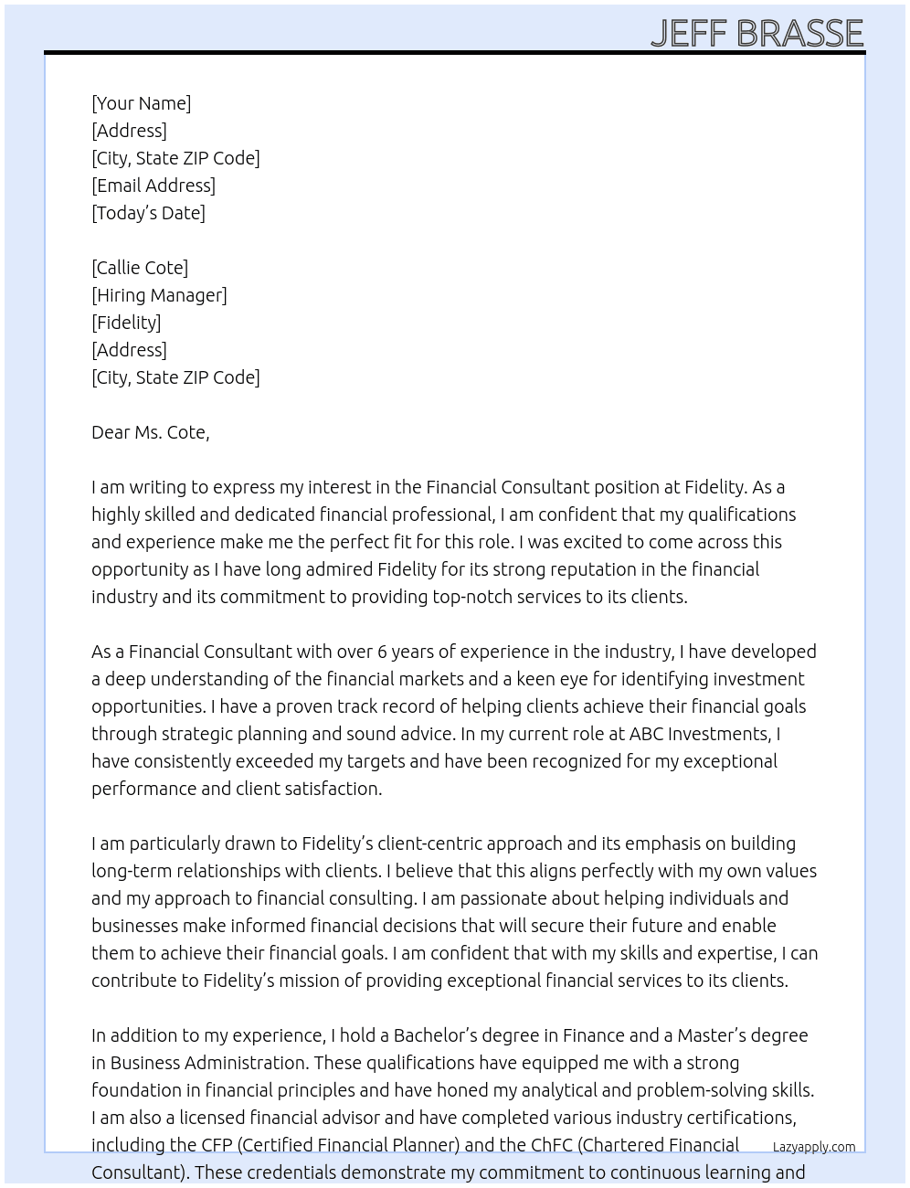 Financial Consultant At Fidelity Cover Letter