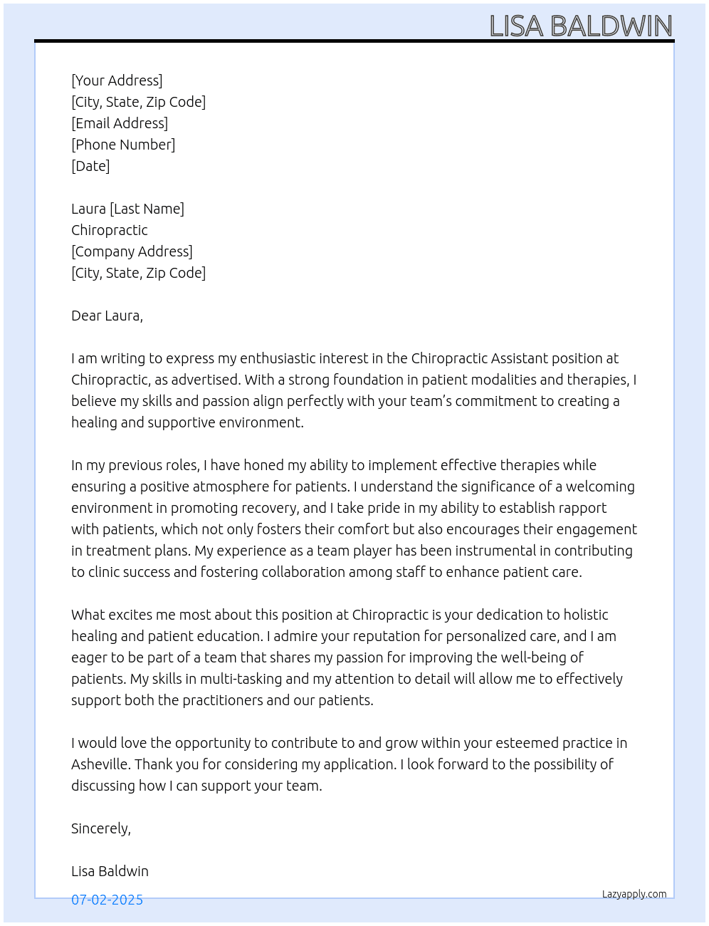 Chiropractic assistan At Chiropractic Cover Letter