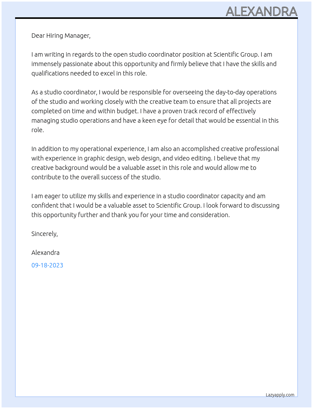 studio coorindator At Scientific Group  Cover Letter