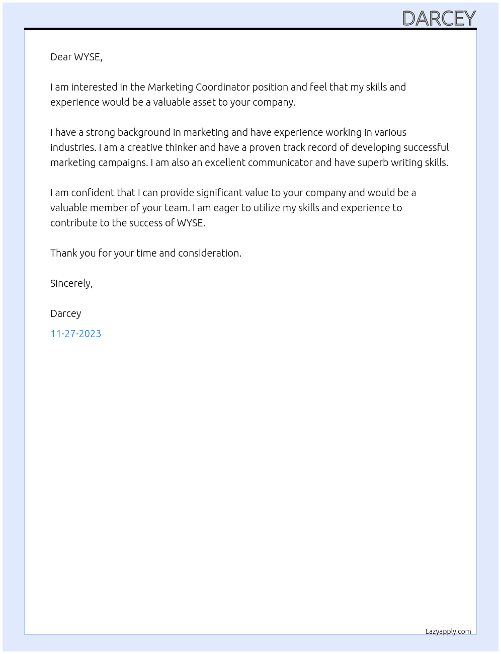 Marketing Coordinator  At WYSE Cover Letter