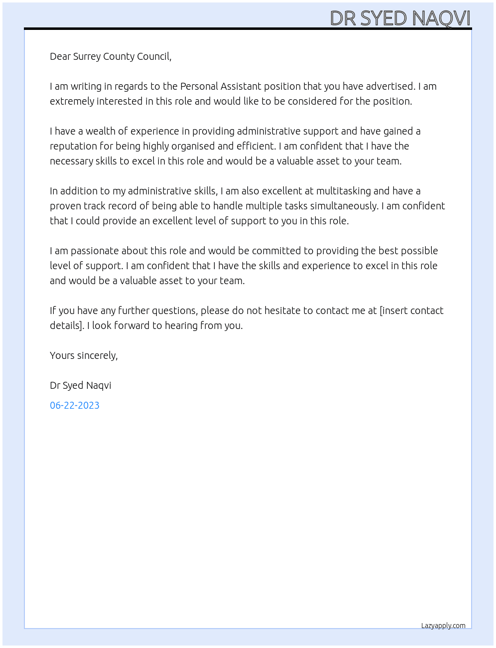 Personal Assitant At Surrey County Council Cover Letter