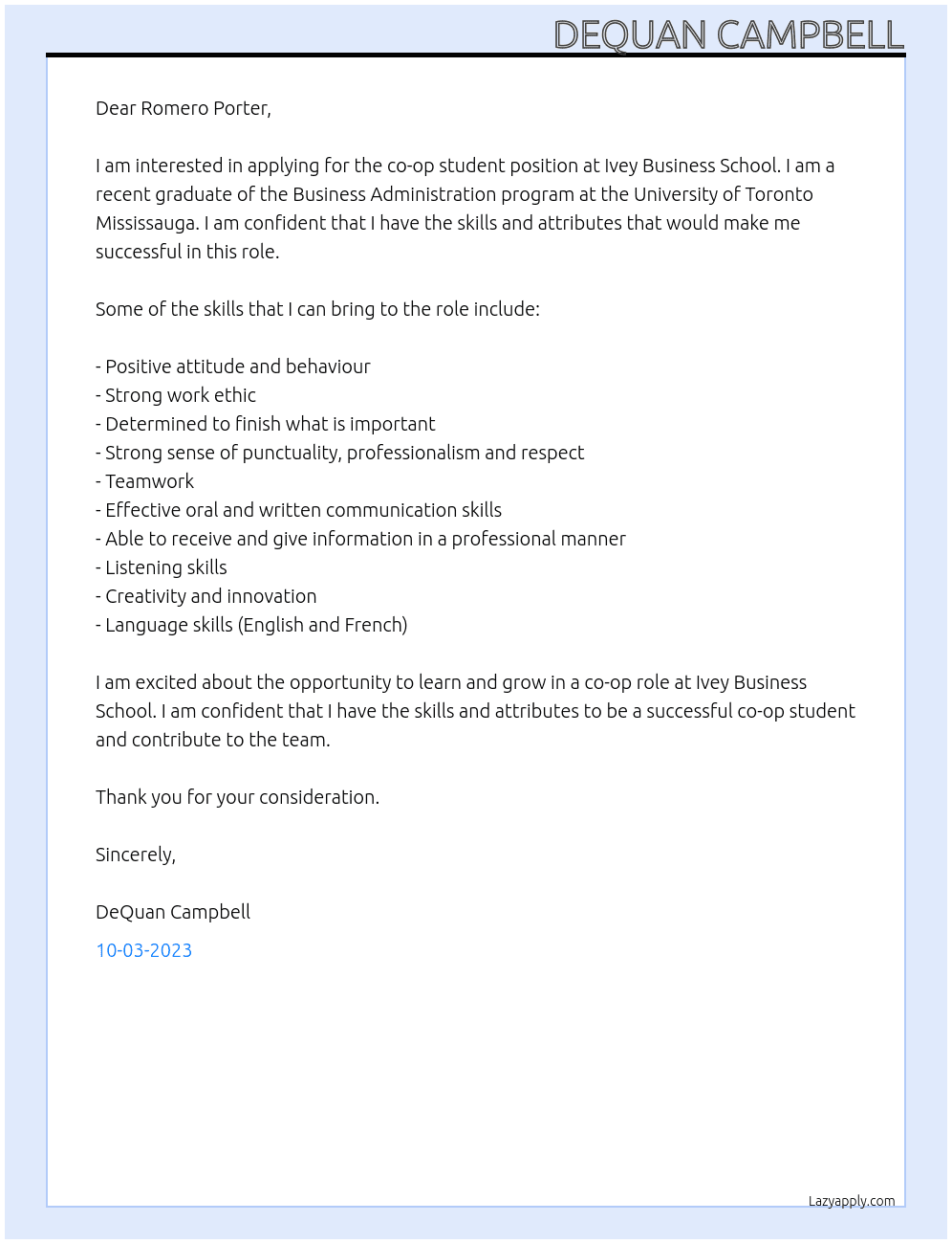 Co-op student  At Ivey Business School  Cover Letter