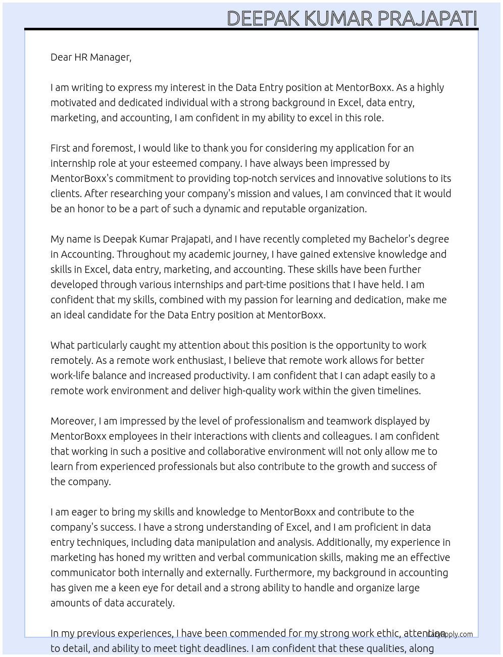 Data entry At MentorBoxx Cover Letter