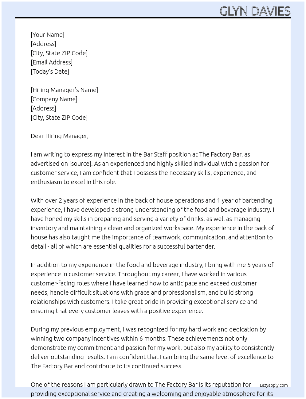 Bar Staff At The Factory Bar Cover Letter