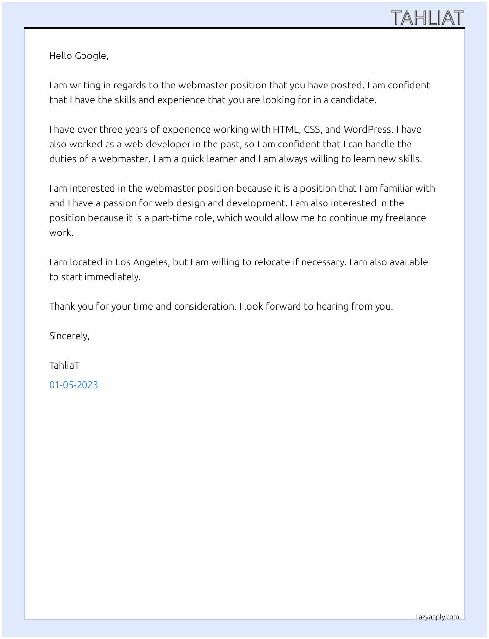 Cover letter for webmaster - LazyApply