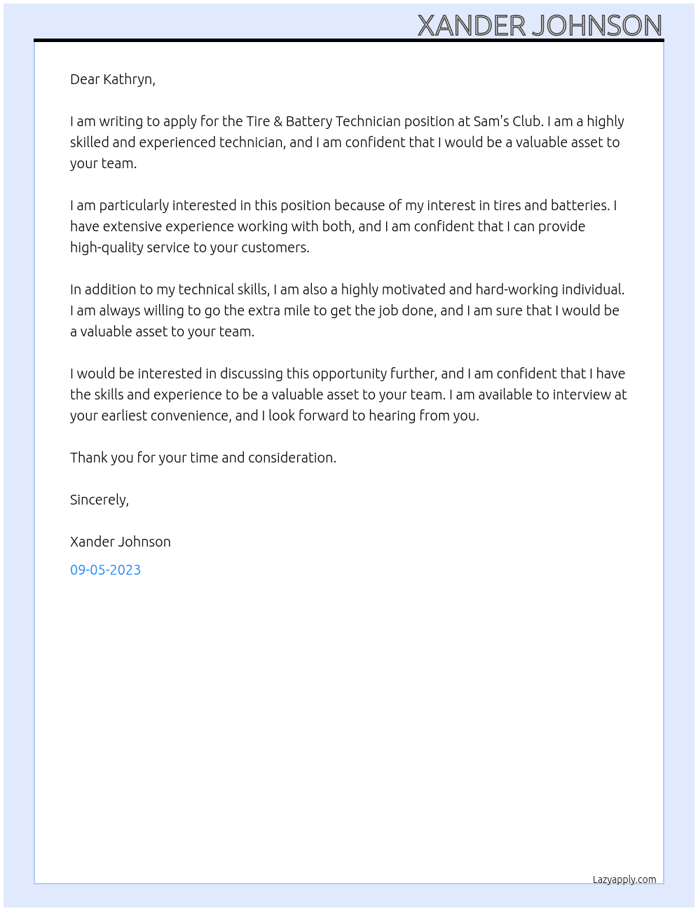 Tire & Battery Technician  At Sam's Club Cover Letter